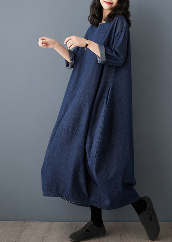 Blue Dress Maxi Vintage O-Neck Denim Sleeve Ruffled