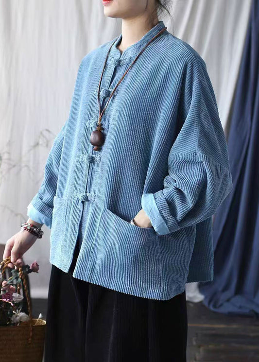 Vintage Blue Pockets Chinese Button Corduroy Jacket Spring TJ025