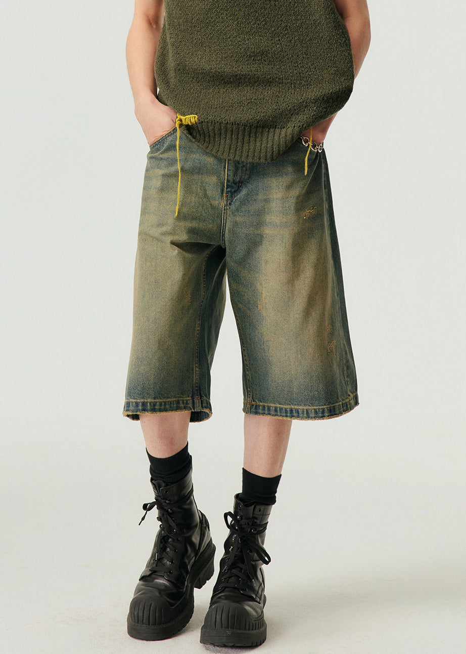 Vintage Blue Pockets High Waist Denim Men Shorts Summer YL013