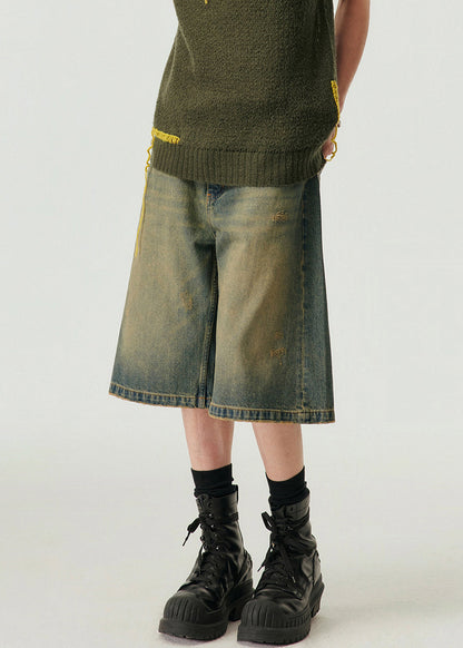 Vintage Blue Pockets High Waist Denim Men Shorts Summer YL013