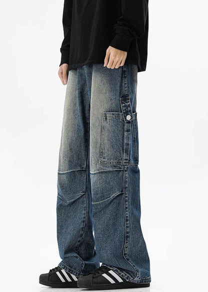 Pockets High Vintage Spring Blue Denim Waist Mens Pants