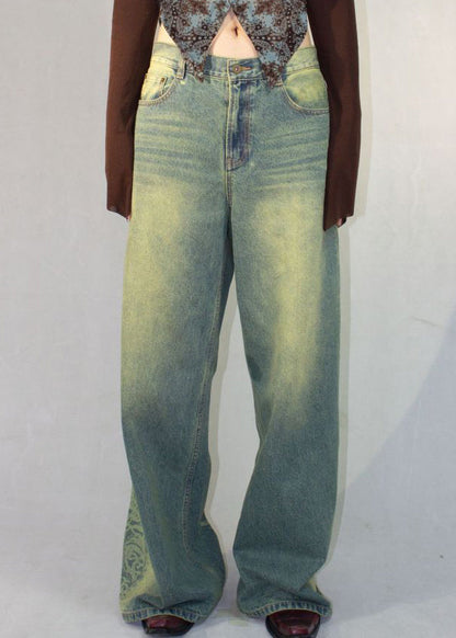 Vintage Blau Druck Taschen Hohe Taille Denim Hose Herbst QF052