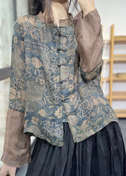Haut en lin ramie à manches longues et col montant bleu vintage avec imprimé chinois et boutons OO001