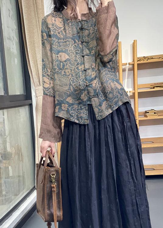 Haut en lin ramie à manches longues et col montant bleu vintage avec imprimé chinois et boutons OO001