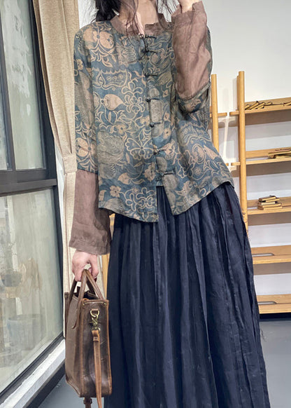 Haut en lin ramie à manches longues et col montant bleu vintage avec imprimé chinois et boutons OO001