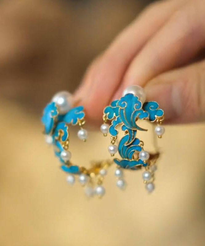 Hoop Cloisonne Sterling Silver Blue Tassel Pearl Enamel Vintage