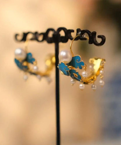 Hoop Cloisonne Sterling Silver Blue Tassel Pearl Enamel Vintage