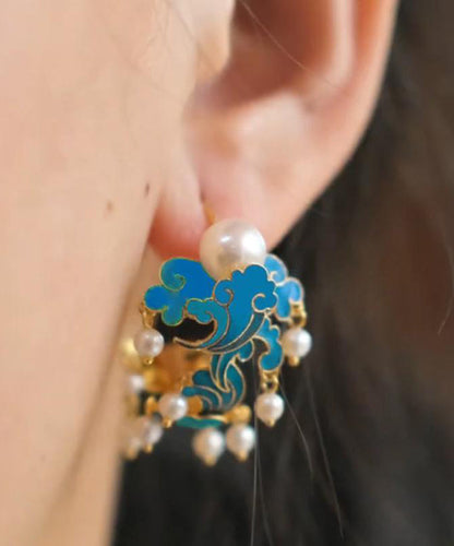 Hoop Cloisonne Sterling Silver Blue Tassel Pearl Enamel Vintage