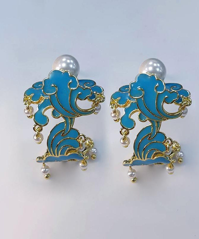 Hoop Cloisonne Sterling Silver Blue Tassel Pearl Enamel Vintage