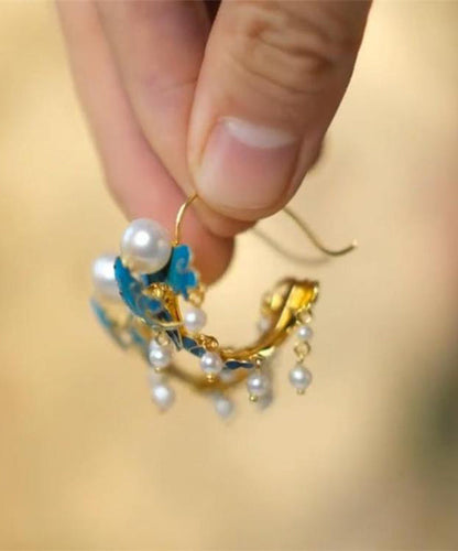 Hoop Cloisonne Sterling Silver Blue Tassel Pearl Enamel Vintage