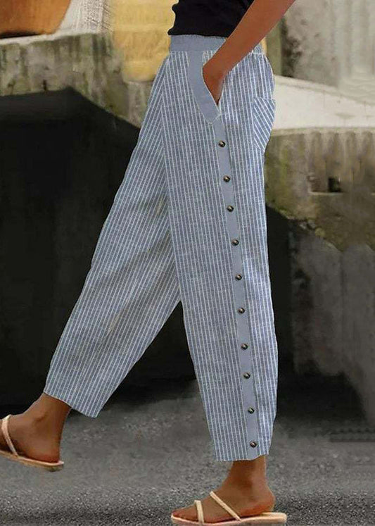Pantalon court en coton taille haute à rayures bleues vintage pour l'été QA028