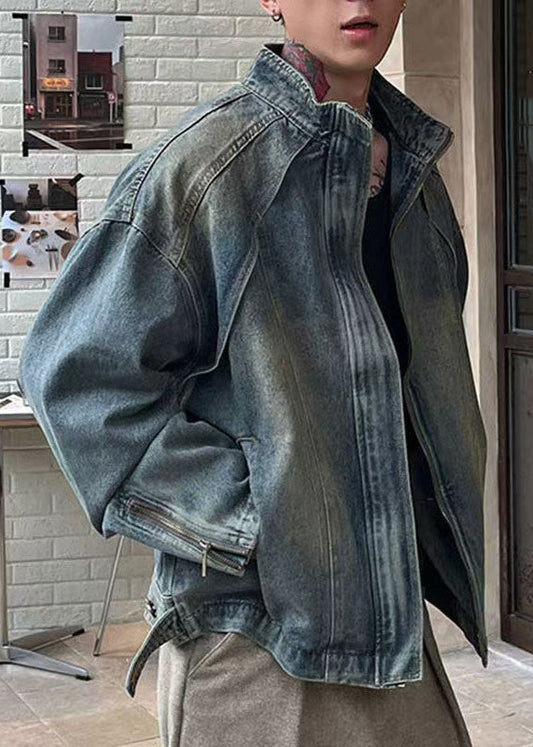 Denim Men Coat TC048 Zip Blue Vintage Spring Pockets Up