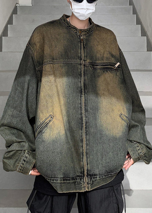 Pockets Zippered Vintage Coat Fall Men Denim Blue