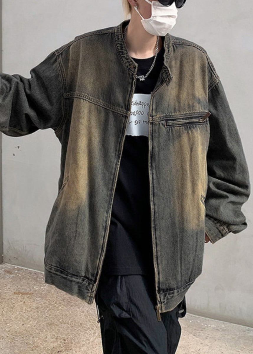 Pockets Zippered Vintage Coat Fall Men Denim Blue