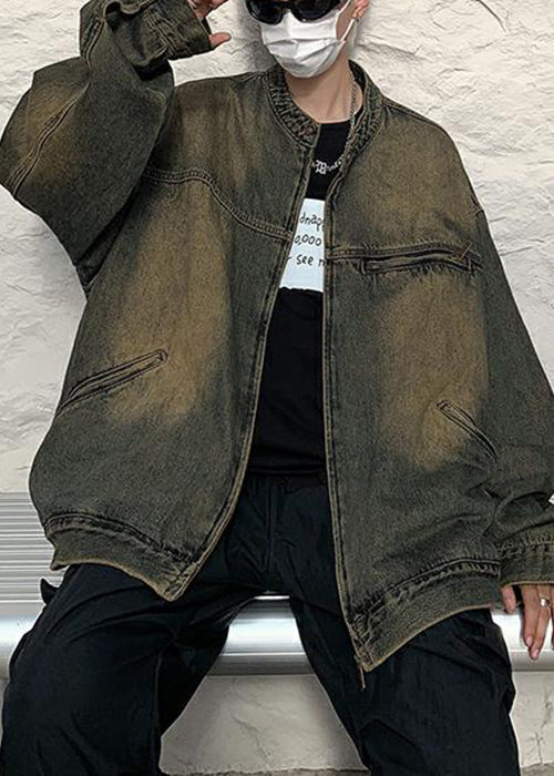 Pockets Zippered Vintage Coat Fall Men Denim Blue