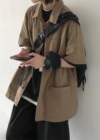 Cotton Mens Brown Button Vintage Summer Solid Pockets Shirt