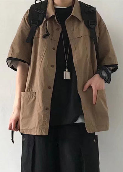 Cotton Mens Brown Button Vintage Summer Solid Pockets Shirt