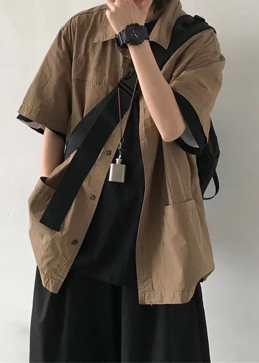 Cotton Mens Brown Button Vintage Summer Solid Pockets Shirt