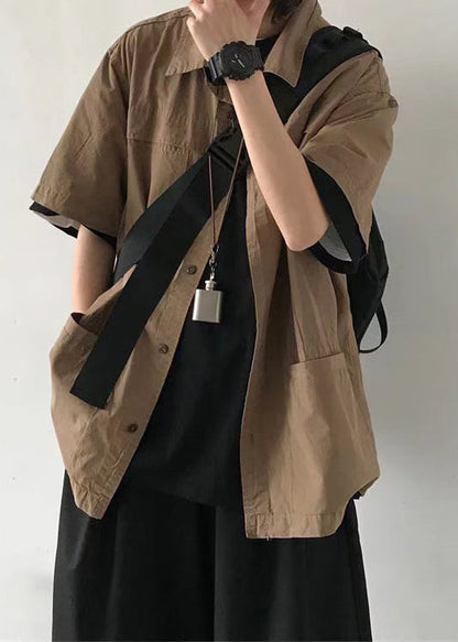 Cotton Mens Brown Button Vintage Summer Solid Pockets Shirt