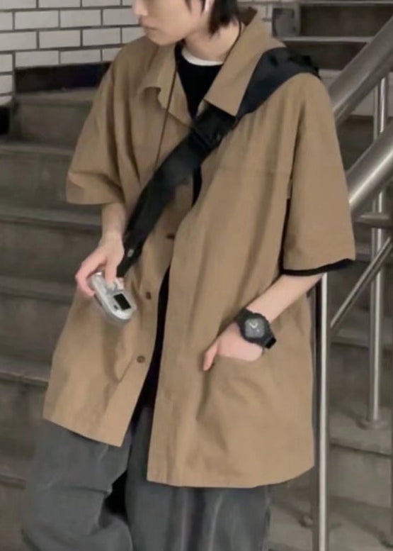 Cotton Mens Brown Button Vintage Summer Solid Pockets Shirt