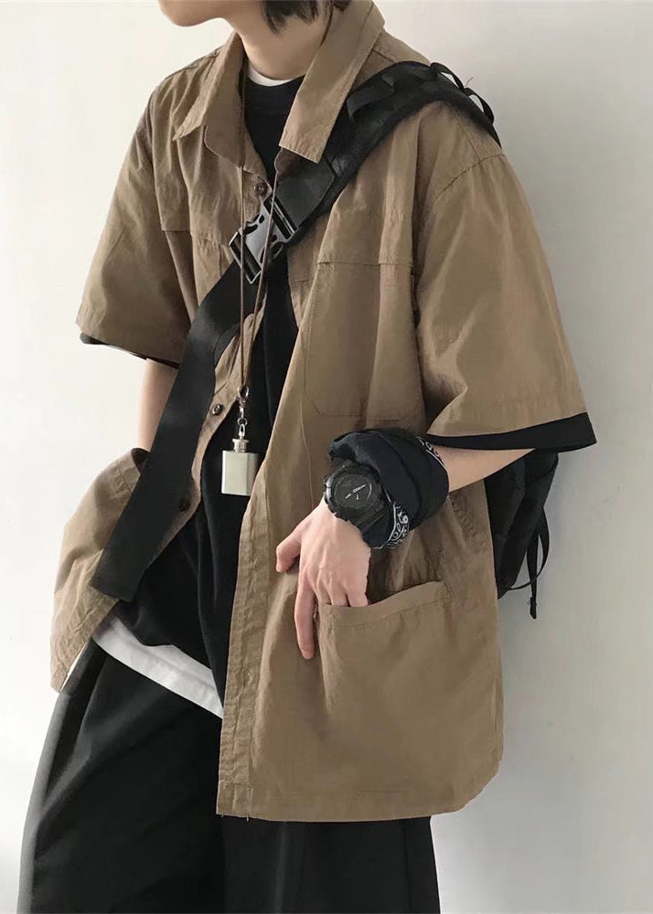 Cotton Mens Brown Button Vintage Summer Solid Pockets Shirt