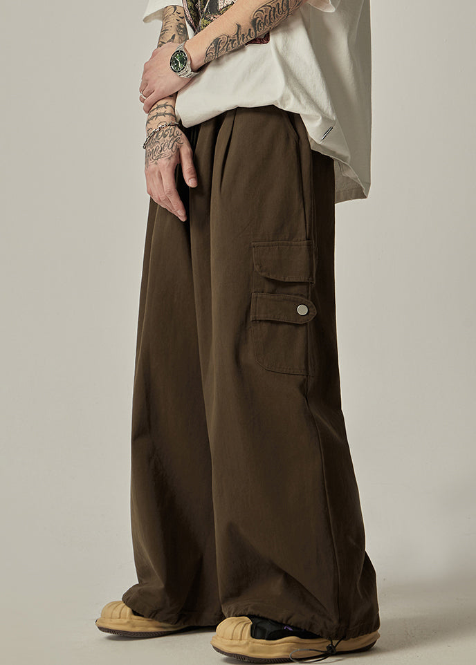 Pockets Drawstring Pants Vintage Brown Wide Leg Mens Cotton