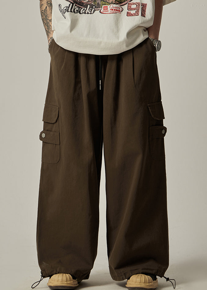 Pockets Drawstring Pants Vintage Brown Wide Leg Mens Cotton