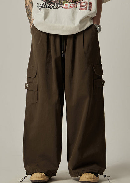 Pockets Drawstring Pants Vintage Brown Wide Leg Mens Cotton