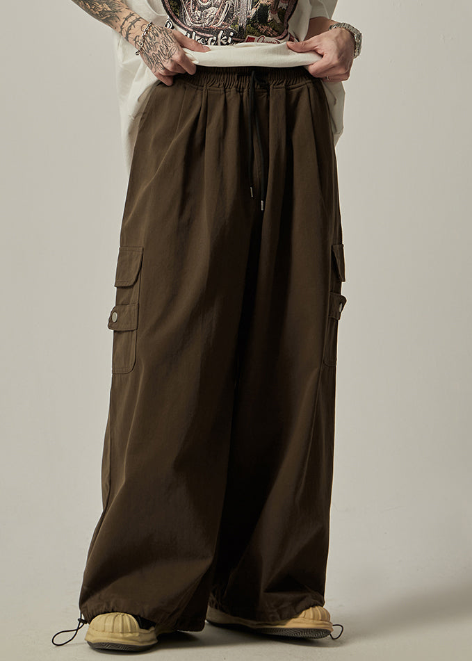 Pockets Drawstring Pants Vintage Brown Wide Leg Mens Cotton