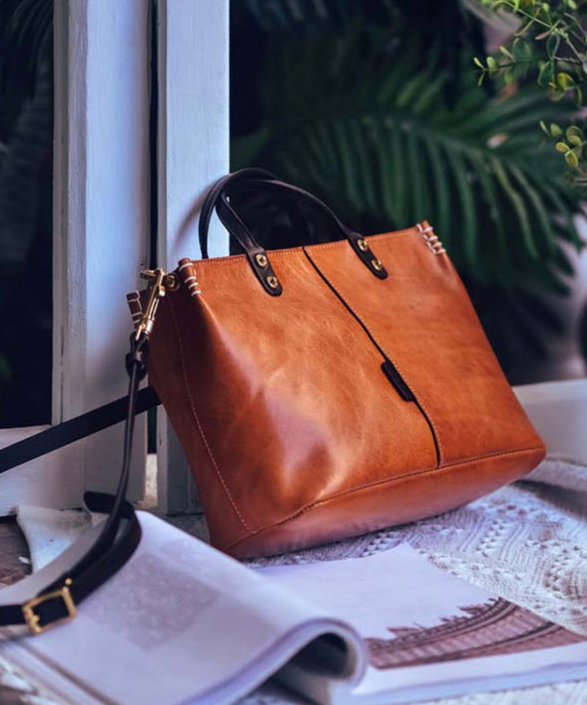 Leather Durable Tote Large Brown Handbag Vintage
