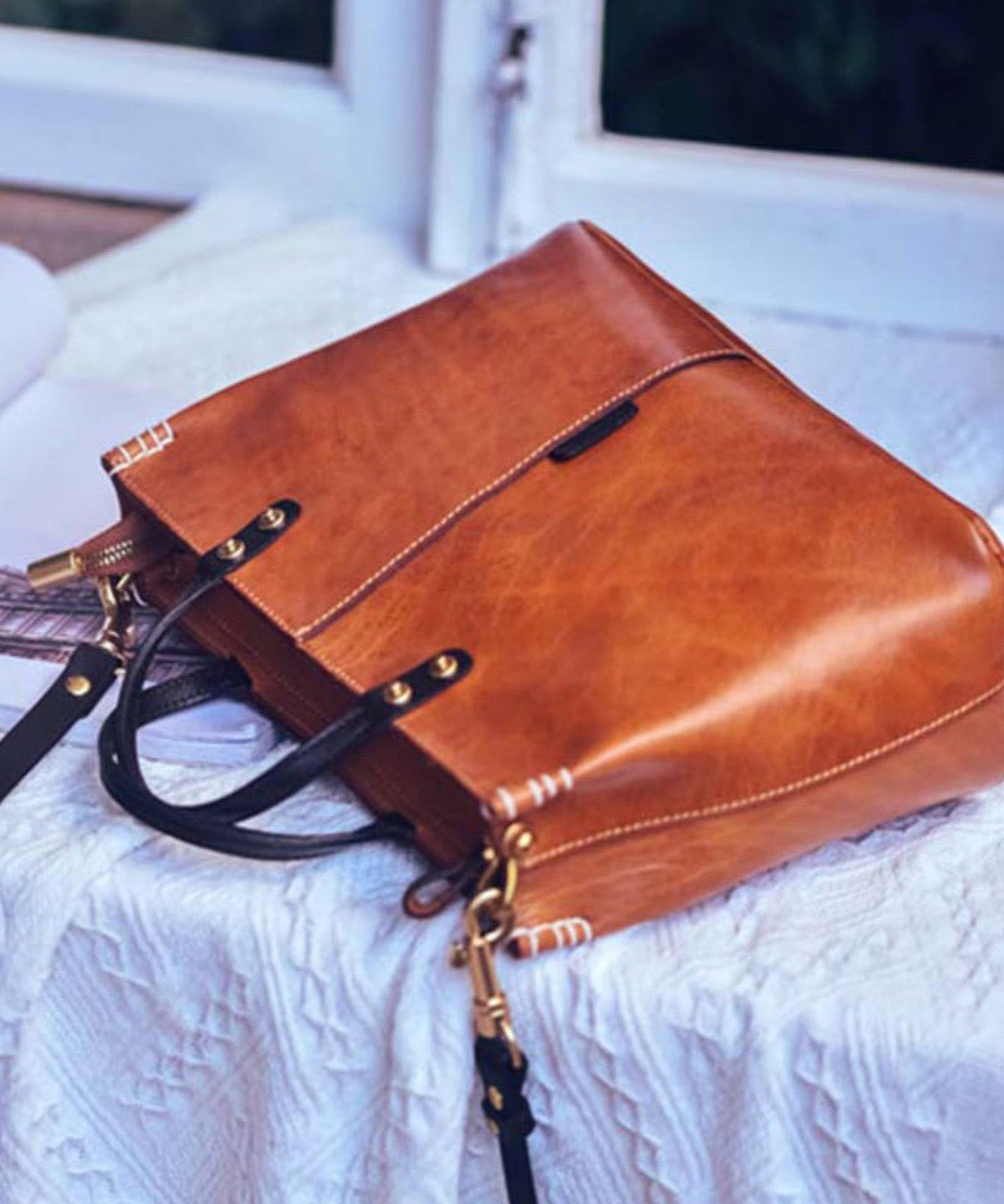 Leather Durable Tote Large Brown Handbag Vintage