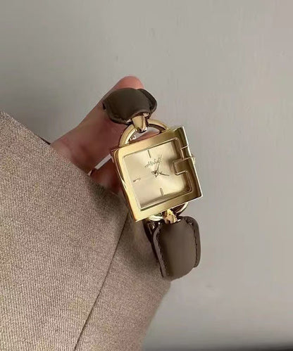 Leather Quartz Movement Patchwork Square Vintage Brown Chain Gold