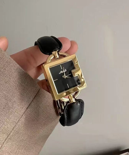 Leather Quartz Movement Patchwork Square Vintage Brown Chain Gold