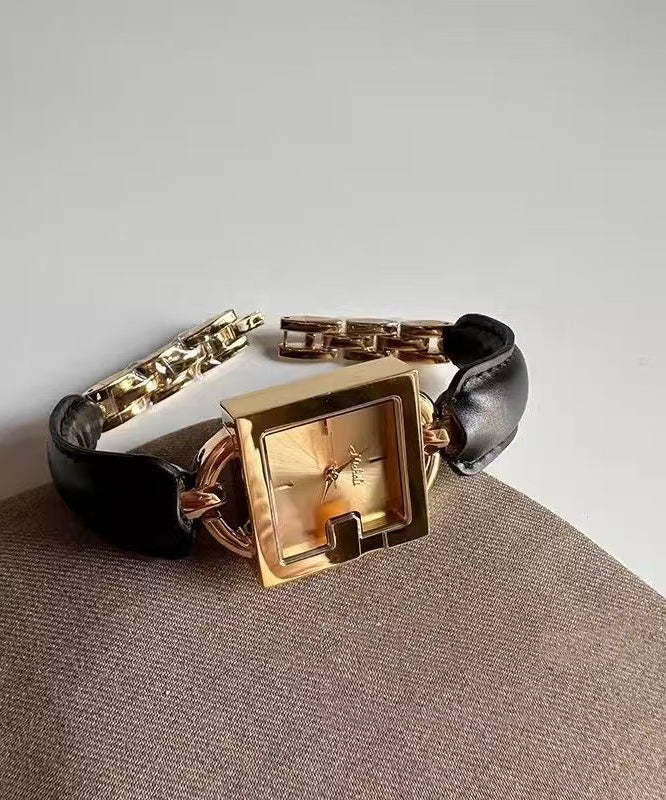 Leather Quartz Movement Patchwork Square Vintage Brown Chain Gold