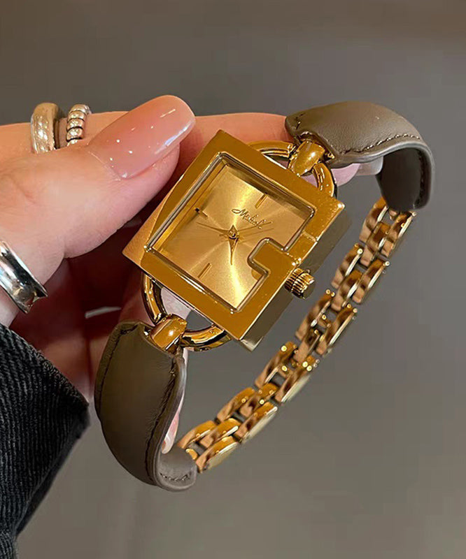 Leather Quartz Movement Patchwork Square Vintage Brown Chain Gold