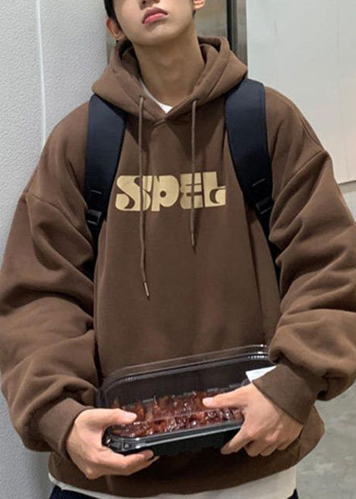 Vintage Brown Hooded Print Lace Up Cotton Men Sweatshirt Spring YQ026