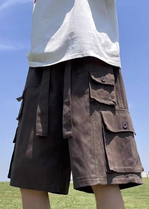 Cotton Shorts Waist Summer Vintage Pockets Brown Mens Elastic