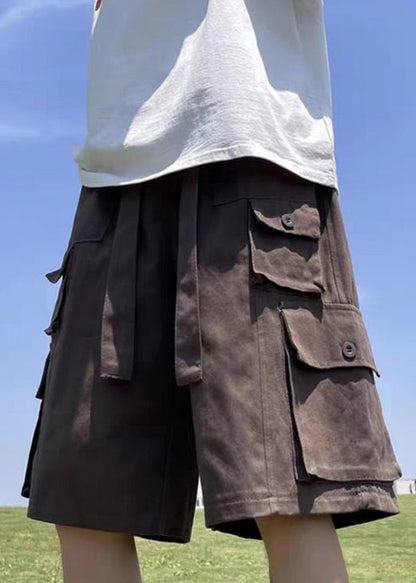 Cotton Shorts Waist Summer Vintage Pockets Brown Mens Elastic