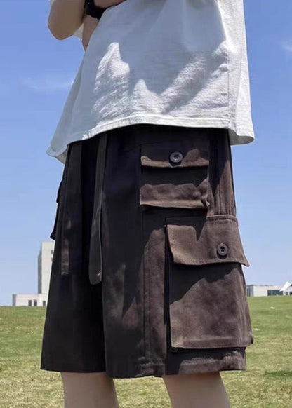 Cotton Shorts Waist Summer Vintage Pockets Brown Mens Elastic