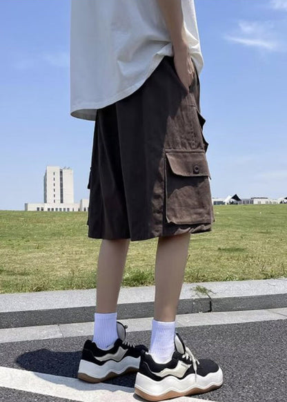 Cotton Shorts Waist Summer Vintage Pockets Brown Mens Elastic