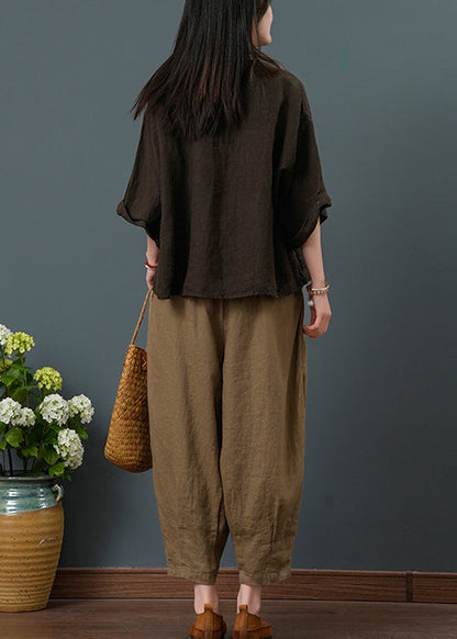 Pieces Neck Chocolate Vintage Two Summer V Linen Set