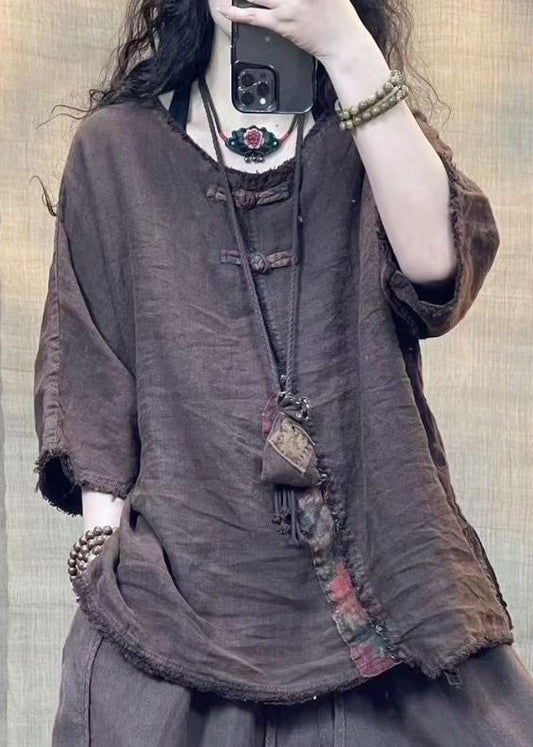 Vintage Coffee O Neck Solid Patchwork Linen Shirts Bracelet Sleeve VV081