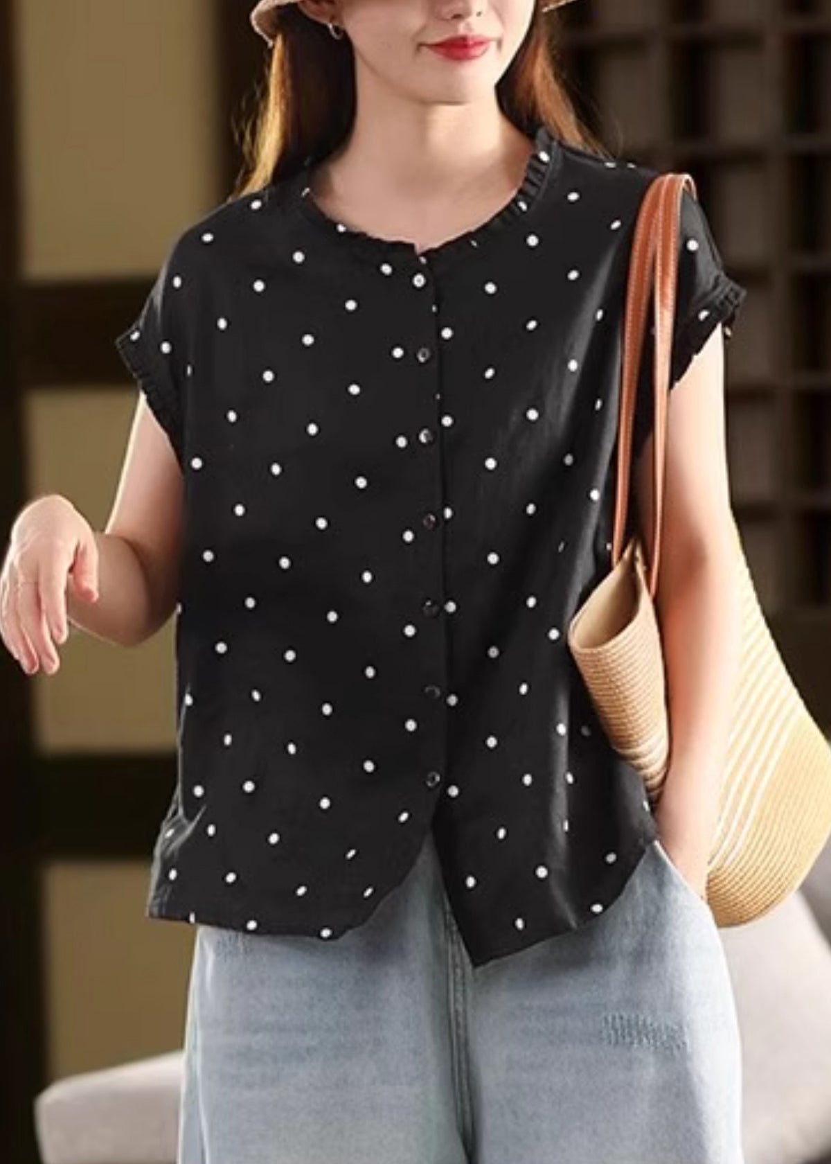 Shirt Coffee Ruffled Dot Vintage Summer Linen