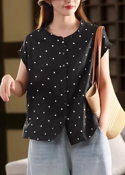 Shirt Coffee Ruffled Dot Vintage Summer Linen