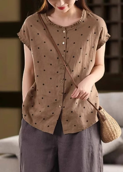 Shirt Coffee Ruffled Dot Vintage Summer Linen