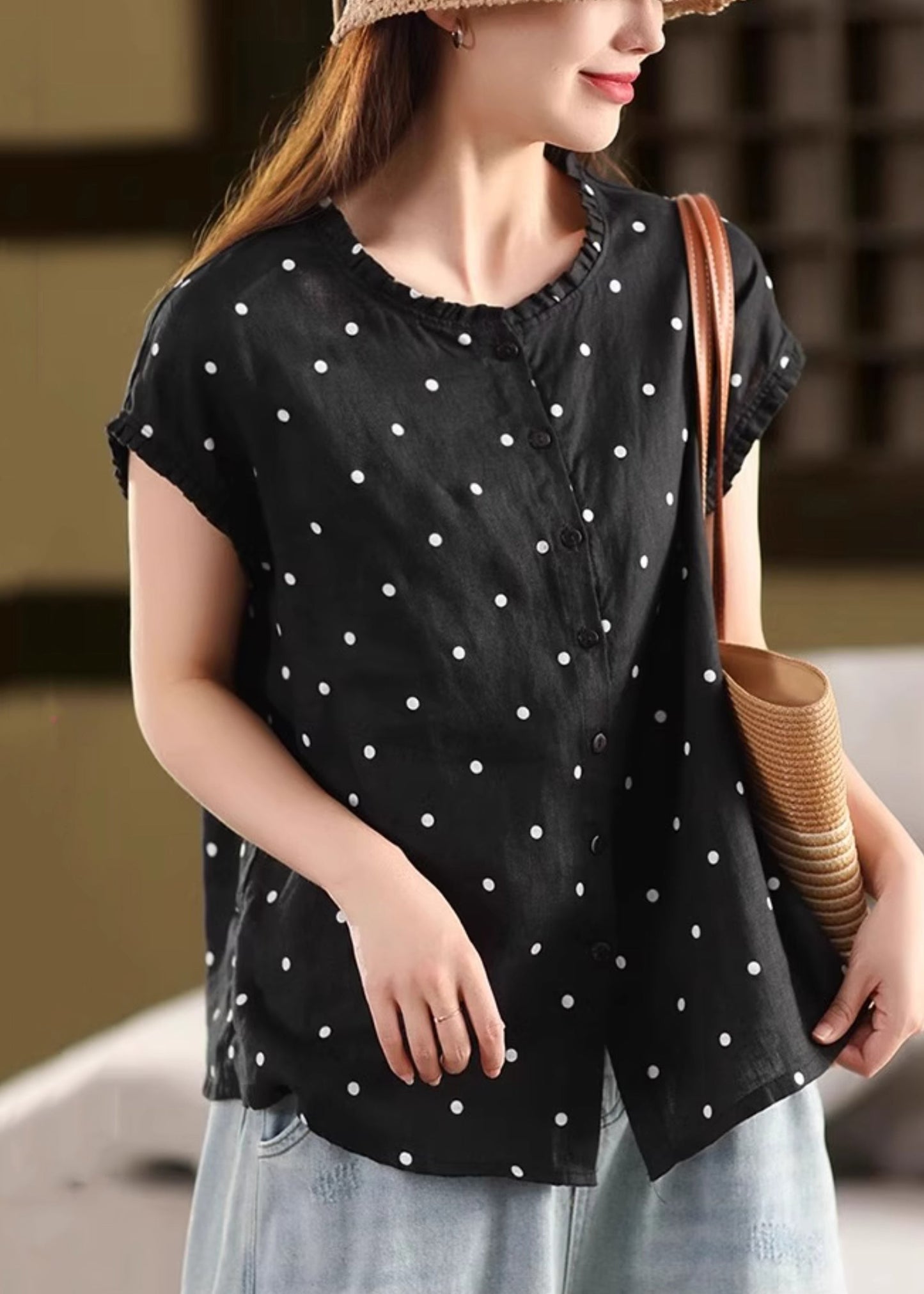 Shirt Coffee Ruffled Dot Vintage Summer Linen