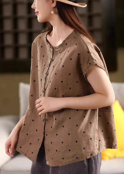 Shirt Coffee Ruffled Dot Vintage Summer Linen