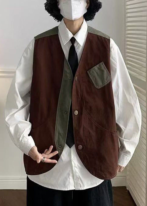 Vintage Coffee V Neck Patchwork Cotton Men Waistcoat Spring RN005
