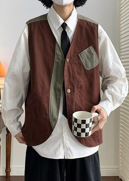 Vintage Coffee V Neck Patchwork Cotton Men Waistcoat Spring RN005