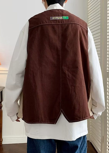 Vintage Coffee V Neck Patchwork Cotton Men Waistcoat Spring RN005